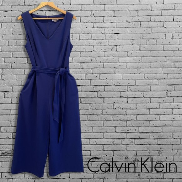🆕 Calvin Klein Jumpsuit V-Neck Crop Wide Leg in Cobalt Blue with POCKETS! | 12 - Picture 1 of 6